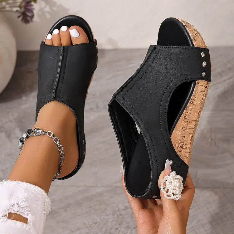 Women's Fashion Wedge Sandals Cork Platform Mules Open Toe Studded Slide Sandals Casual Summer High Heel Slides for Women Ladies