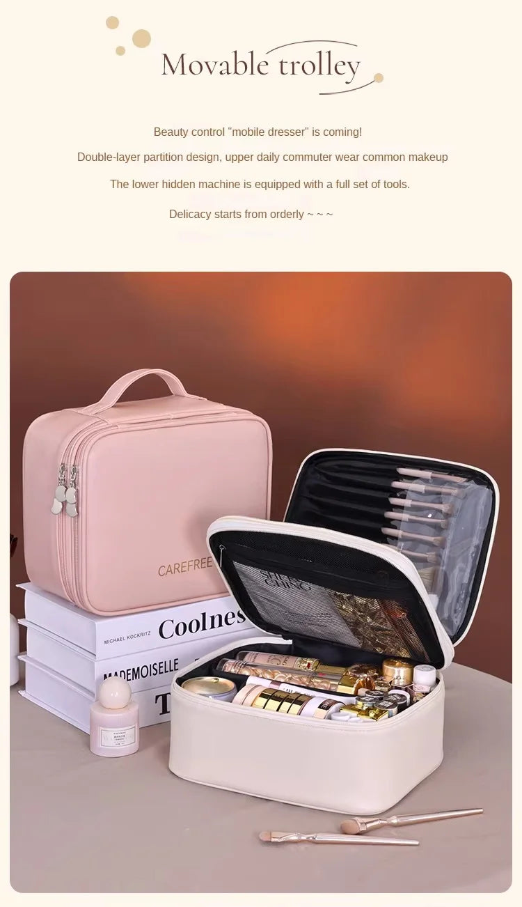 Multi-functional Cosmetic Bag Large-capacity Makeup Bag PU Double-layer Portable Travel Toiletry Pouch Women Makeup Storage Bag