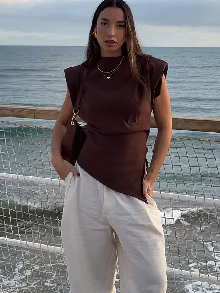 HH Woman's Summer Casual Asymmetrical Tops 3 Color Solid O-Neck Sleeveless Back Zipper Women New Fashion Slim Tops Mujer