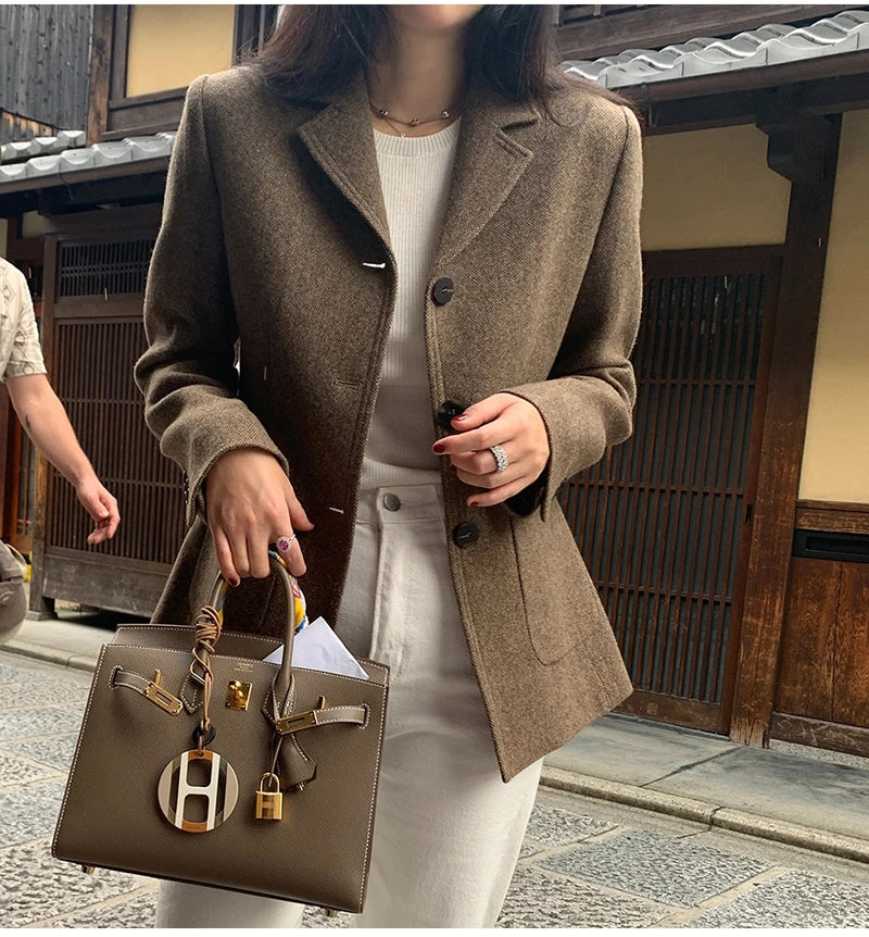 50 Wool Women Notched Collar Blazer Jacket Coat Fall Winter Thick Warm Overcoat Pocket Fashion Slim Waist Buttons Coat 2024 New