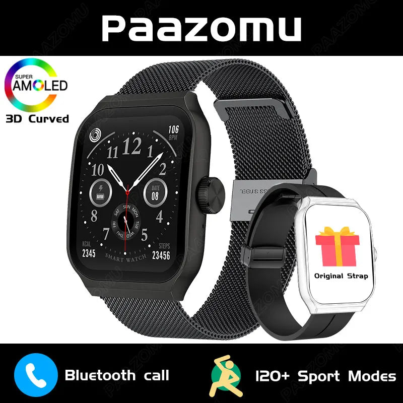 New AMOLED Smart Watch 1.96inch 3D Flexible Curved Screen Bluetooth Call Heart Rate NFC Waterproof Smartwatch For Android IOS