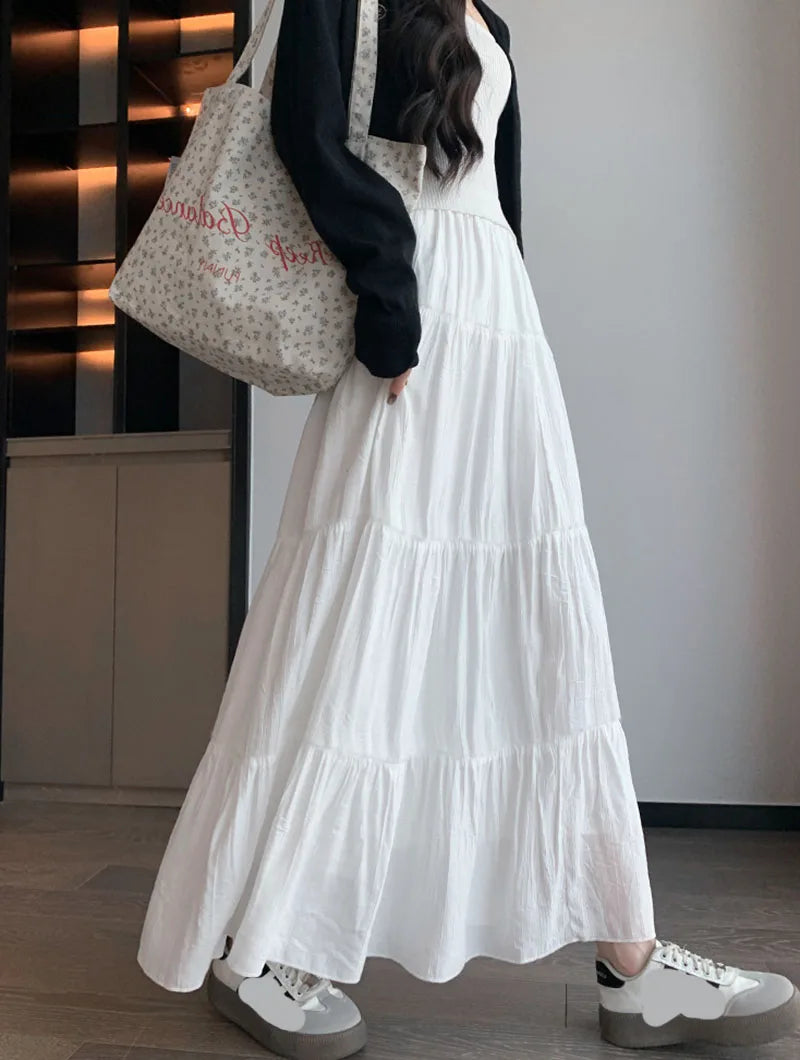 Spring Summer Women Long Skirts Fashion High Waist Elastic Patchwork A-Line Skirt Casual All-Match White Cake Maxi Skirts Female