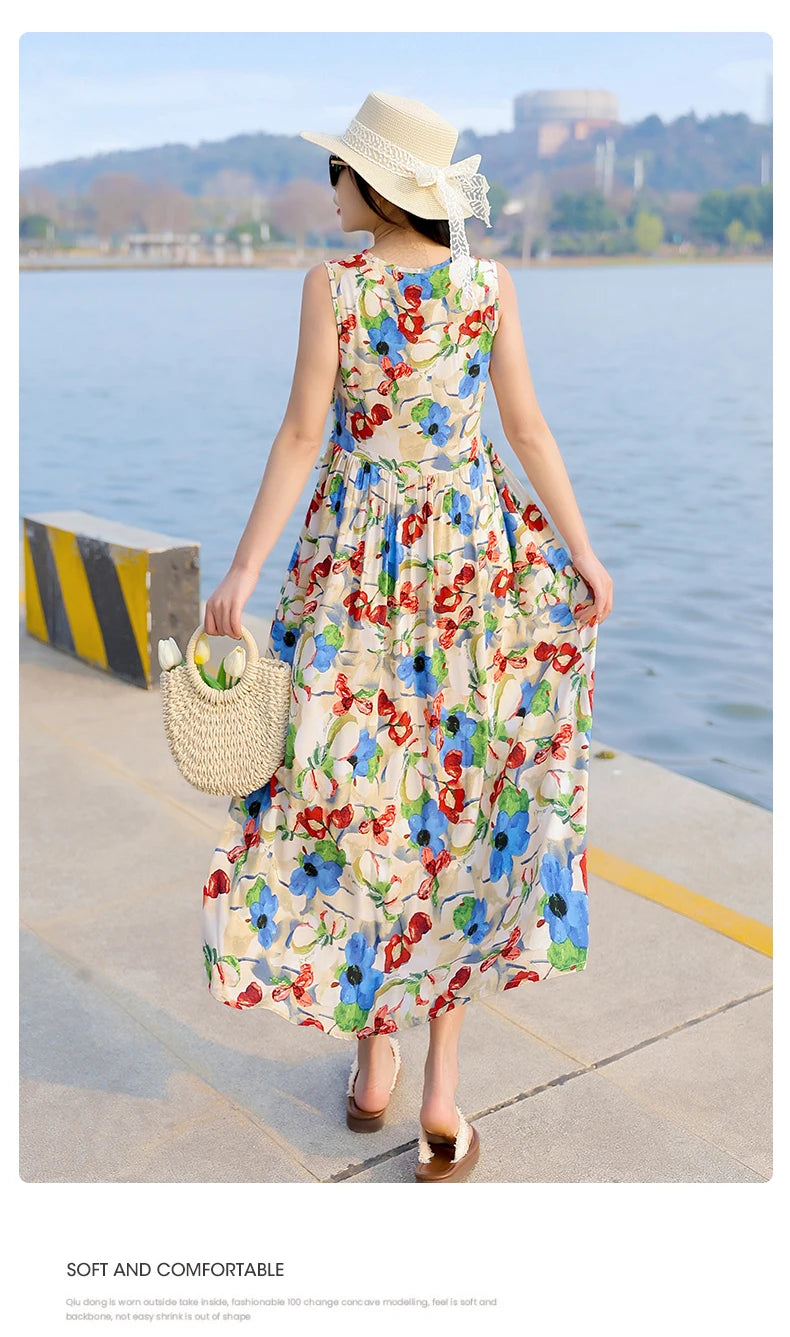 Spring Summer Dresses Fashion Female Sleeveless printed Casual Dress Women A-line Dresses Vestidos