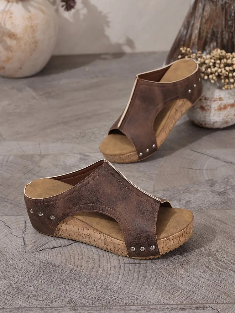 Women's Fashion Wedge Sandals Cork Platform Mules Open Toe Studded Slide Sandals Casual Summer High Heel Slides for Women Ladies