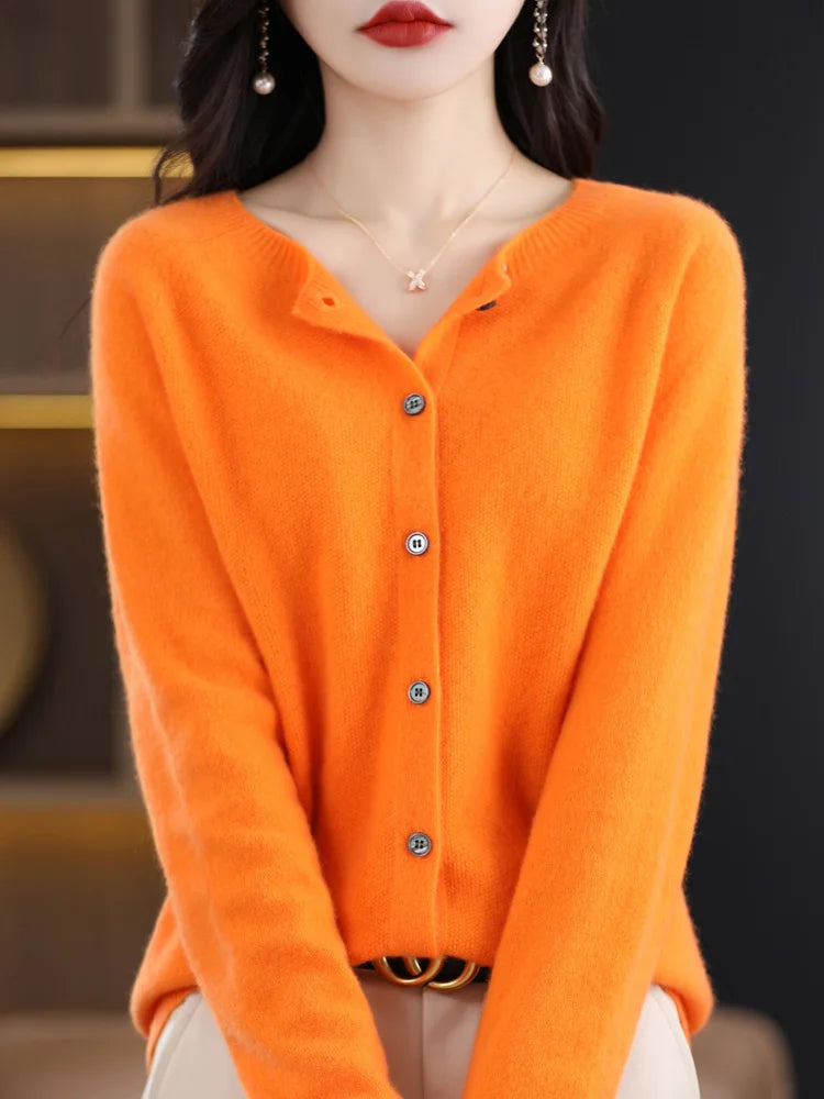 Women Cashmere Sweater 100% Merino Wool Knitted Cardigan Autumn Winter  Knitwear O-Neck Female  Solid Color Casual Fashion Top