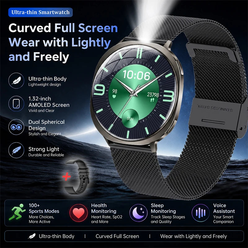 2026 Premium AMOLED Smart Watch Bluetooth Calling Health Monitor IP68 Waterproof 100+ Sports Modes AI Voice Assistant Men Women