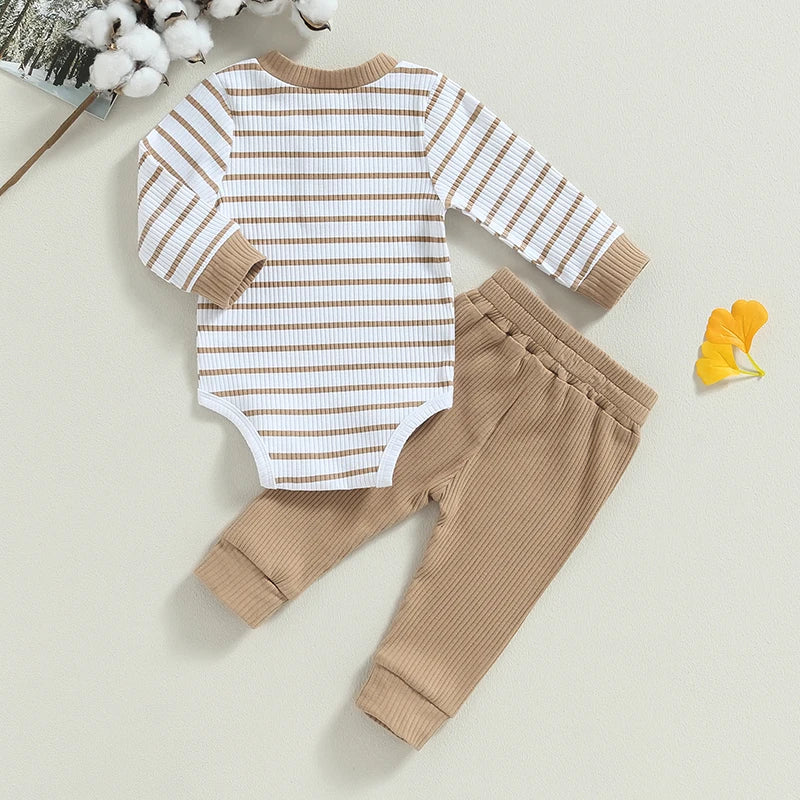 Newborn Baby Boys Girl Fall Winter Clothes Ribbed Knitted Long Sleeve Romper Solid Long Pants Cotton Infant Outfits