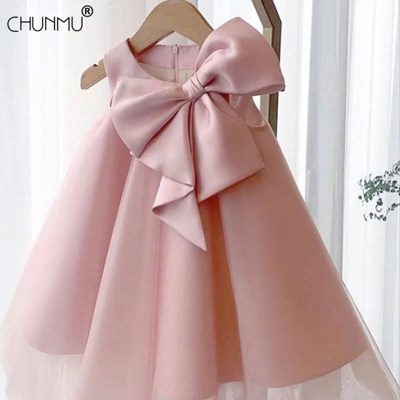 Baby Girls Lace Bow Baptism Dress Newborn Princess Birthday Custume Sleeveless Tutu Toddler Christening Kids Dresses for Girls