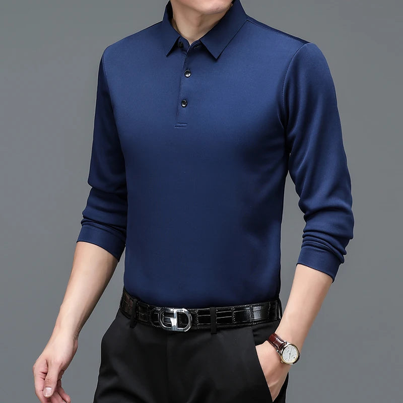 Fashion Brand Luxury Zipper Polo Shirt  Men's Solid Lapel Long-sleeved Polos Shirt Male Thin Tee Shirt Casual Loose Polo Tops