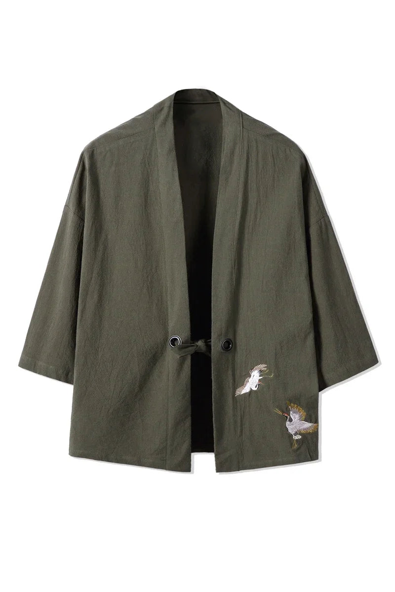 Men Kimono Crane Embroidery Harajuku Japanese Style Cardigan Casual Cotton Men Samurai Costume Yukata Asian Clothes Men Jackets