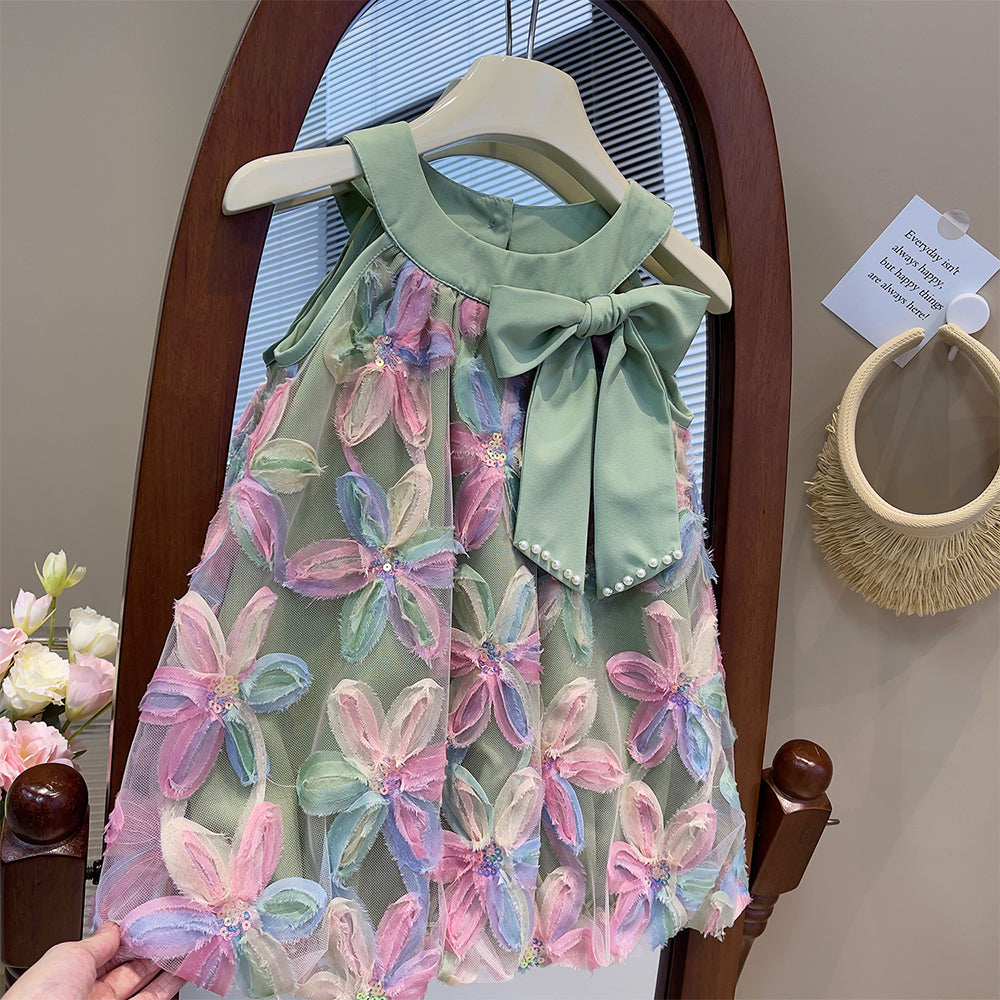 Bear Leader Girl Dress 2025 Summer New Girl Dress Princess Dress Little Girl Fashion Colorful Flower Yarn Dresses Kid Clothes