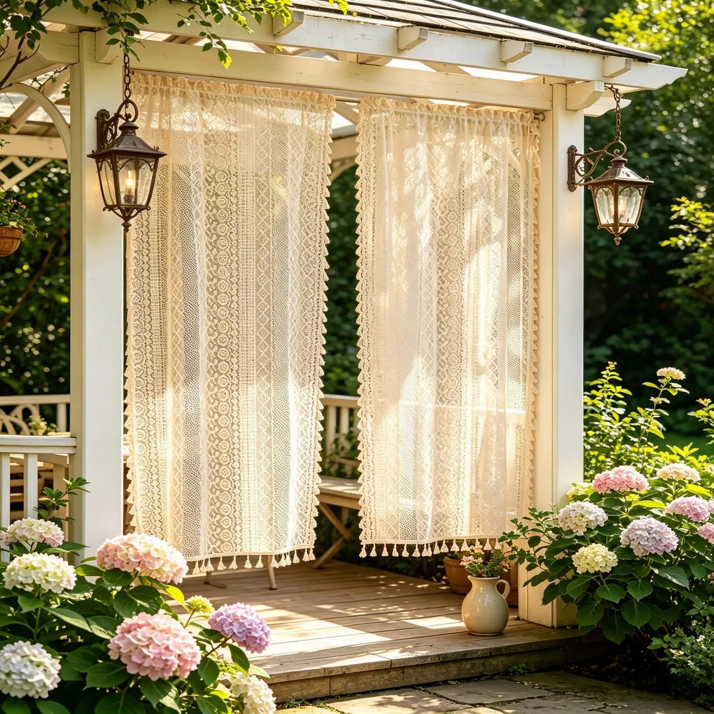 2 Pieces/Set Boho Geometric Hollow Lace Sheer Curtains with Tassel Vintage Patio Door Curtain for Farmhouse Sunroom Kitchen Cafe
