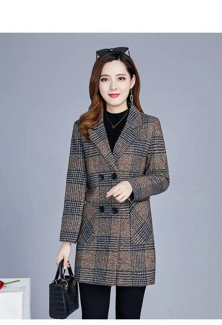Mother's clothing Plaid Woolen Jacket 5xl Autumn Winter Female Thicken Slim Middle length Outwear Korea Women's Casual Wool Coat