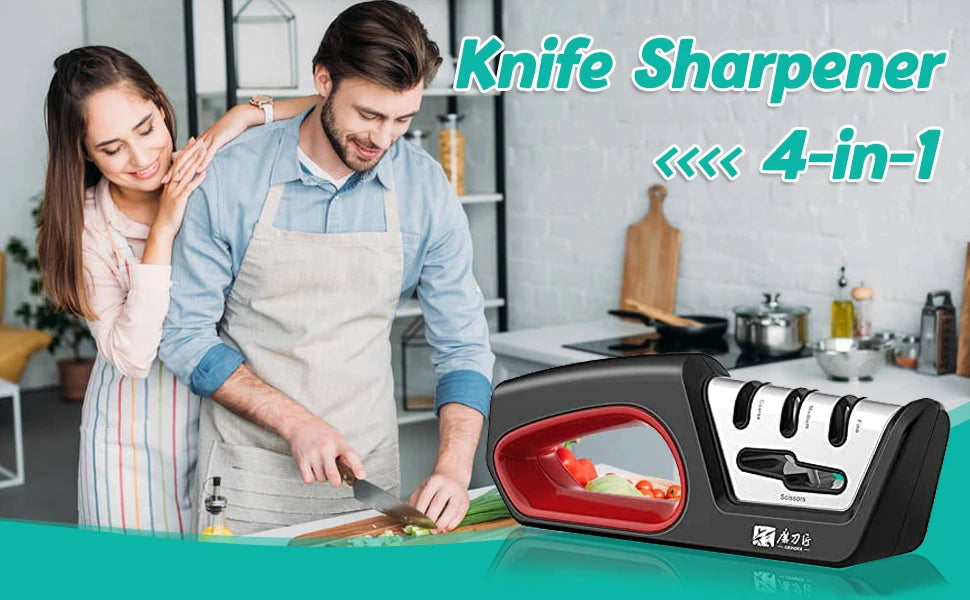 Four in One Kitchen Sharpener Restores Serrated Blade Knives and Scissors, Diamond Tungsten Steel Ceramics