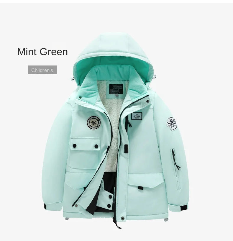 Winter children's skiing suit for boys and girls, windproof and waterproof thick coat for warmth and snow playing equipment