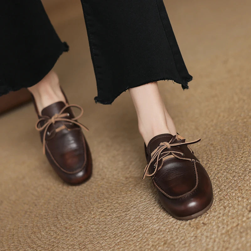 2026 New Spring Genuine Leather Women Shoes Round Toe Women Flats Shoes for Women Retro Lace Up Loafers Fashion Ladies Shoes