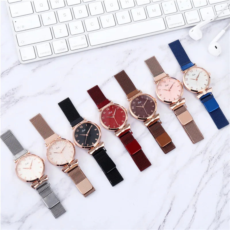 Fashion Women Watches Luxury Leather Buckle Flower Rhinestone Watch Ladies Quartz Wrist Watch Bracelet Set Reloj Mujer