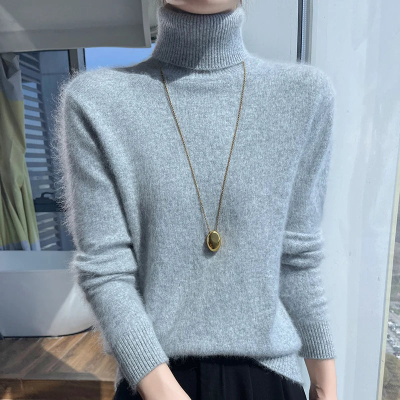 100% Mink Cashmere Top-Lapel Women Sweater Long-sleeves Fashion High-elasticity Sexy Winter Knitted Pullover Girl Tops 2024