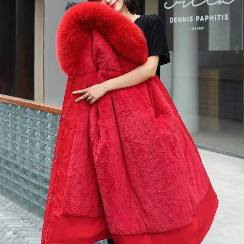 Winter Women Clothes Wool Liner Jacket Casual Thick Parka Fur Collar Long Coat Warm Hooded Snow Wear Padded Solid Colour Jackets
