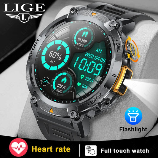 LIGE New Men SmartWatch Military With LED Flashlight Sport Tracker Waterproof Bluetooth Call For Huawei Xiaomi Smart Watch Men