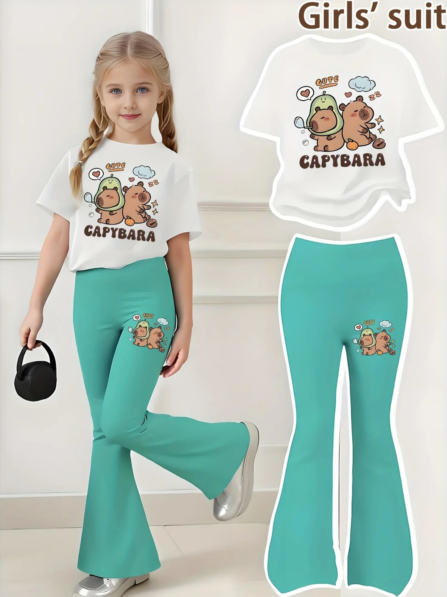 Girls' Summer Casual Outfit: Short-Sleeve T-Shirt + Flared Pants Two-Piece Set with Fun Capybara Print, Available in Green and Pink, Suitable for Girls Aged 4-12, Versatile Clothing for Home and Outings