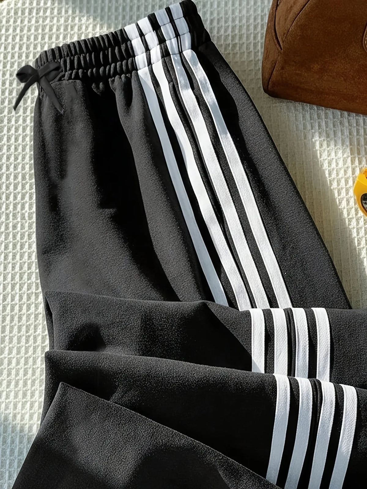 Girls Trendy  Black Wide Leg Pants, 3 White Striped Drawstring Waist Trousers with Bowknot Detail Casual Streetwear