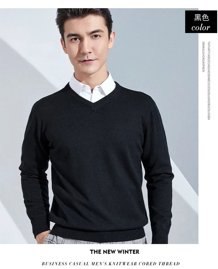 Cashmere Cotton Blend Classic V-neck Knitted Sweater Men Pullover 2024 Autumn Winter Soft Warm Business Casual Jumper pull homme