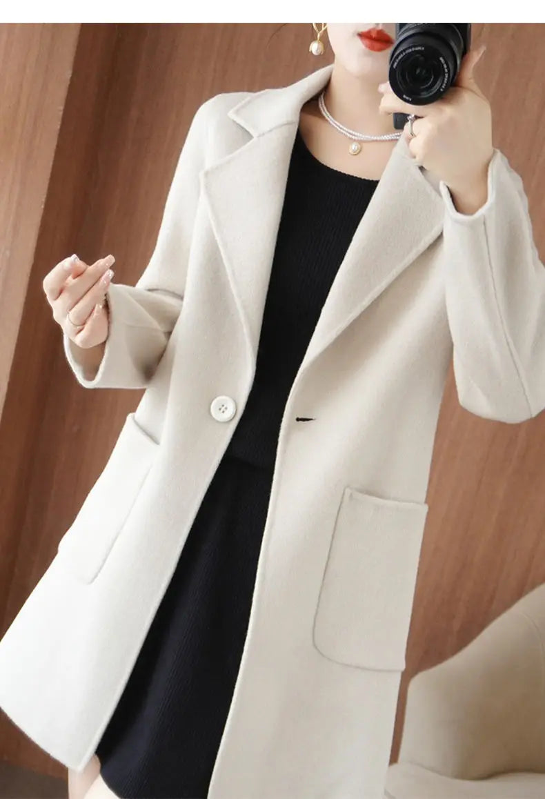 100% Pure Wool Double-Sided Cashmere Jacket Women Overcoat  Autumn Winter New Mid-Length One-Button Slim Wool Windbreakers coat