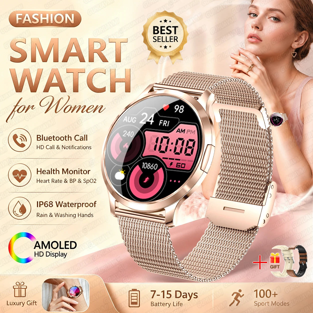 2026New Smart Watch 1.32”AMOLED Ultra-thin Display 100+Sports modes Blood Pressure Waterproof Bluetooth call Bracelet Women Gift