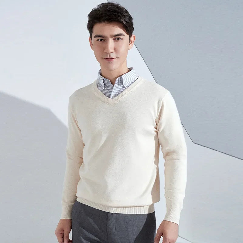 Cashmere Cotton Blend Classic V-neck Knitted Sweater Men Pullover 2024 Autumn Winter Soft Warm Business Casual Jumper pull homme
