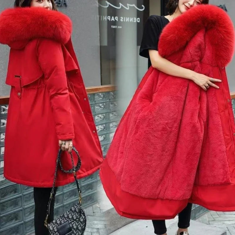 Winter Women Clothes Wool Liner Jacket Casual Thick Parka Fur Collar Long Coat Warm Hooded Snow Wear Padded Solid Colour Jackets