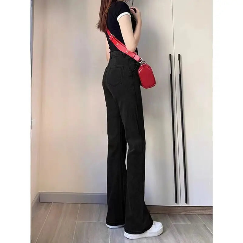 Women Korean Flare Jeans Girls High Waist Elastic Boot Cut Pants Lady Vintage Blue Black Gray Brown Denim Bell Bottom Trousers