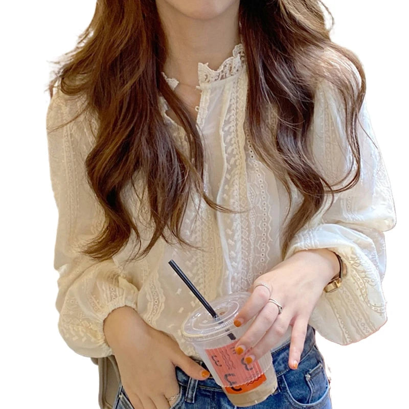 Elegant Lace Women Fashion Blouse New Spring Autumn Long Sleeve Casual Office Loose Shirt Ladies Stand Collar Simple Top Clothes