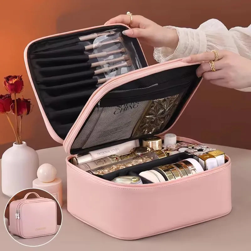 Multi-functional Cosmetic Bag Large-capacity Makeup Bag PU Double-layer Portable Travel Toiletry Pouch Women Makeup Storage Bag