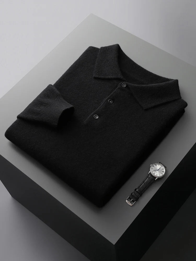 Fashion Autumn Winter New Cashmere Sweater Men's 100% Merino Wool Pullover Casual Loose POLO Knitted Bottom Shirt Jacket Shirt