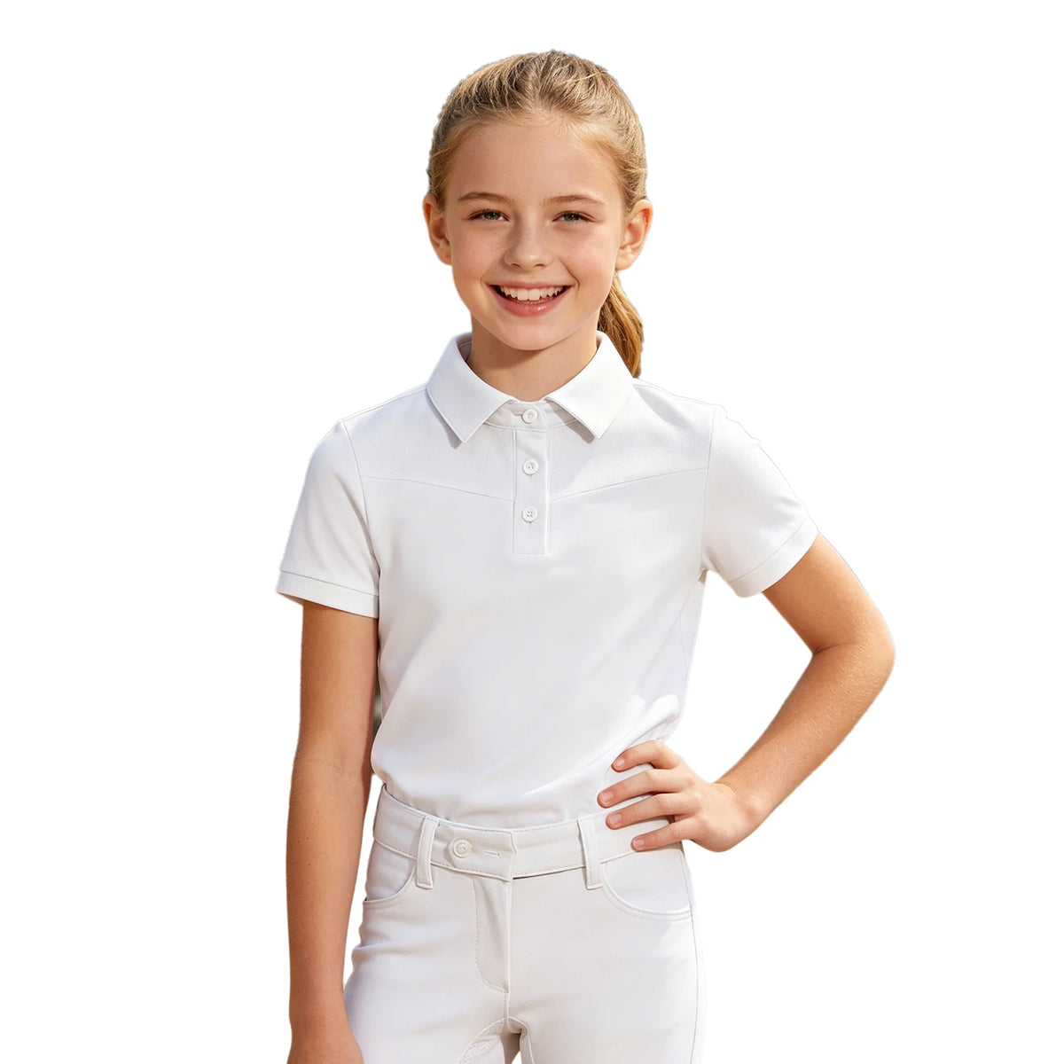 Kids Girls Horse Riding Shirts Short Sleeve Turn Down Collar Buttons T-shirt Closure Design Equestrian Costumes Sports Tops