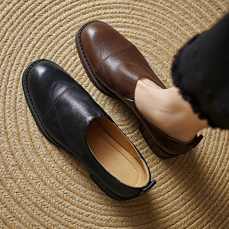 2025 New Spring Genuine Leather Women Shoes Round Toe Women Pumps Brogue Designs Shoes for Women Med Heel Loafers Ladies Shoes