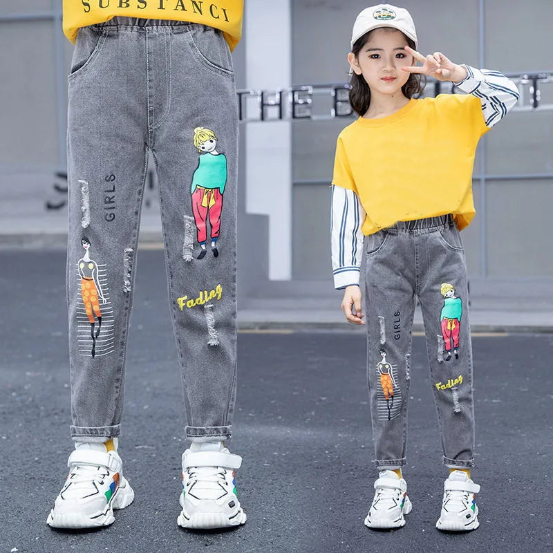 New Teenage Girls Jeans 2026 Spring Autumn Casual Fashion Loose Blue Kids Leg Wide Pants School Children Trousers 3-12Year