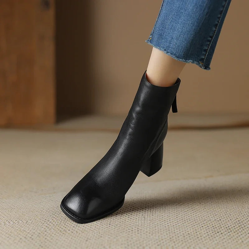 2024 Autumn/winter Women Boots High Heels Square Toe Short Boots Women Shoes Office Lady Gladiator Lady Shoes Genuine Leather