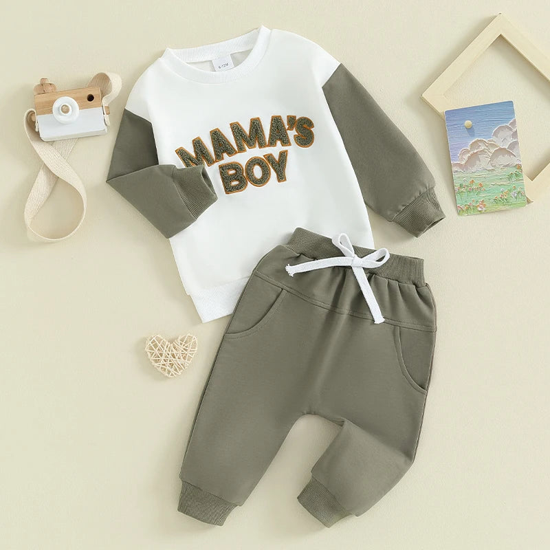 Toddler Baby Boy Outfit Casual Fuzzy Letter mamas boy Sweatshirt Pant Set  Long Sleeve Infant Clothes