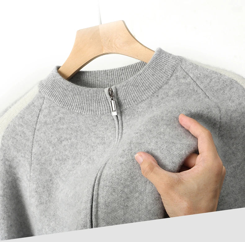 Winter Cashmere Sweater Men's Round Neck Knitted Jacket Contrast Striped Zipper Cardigan Youth Wool Thick Sweater