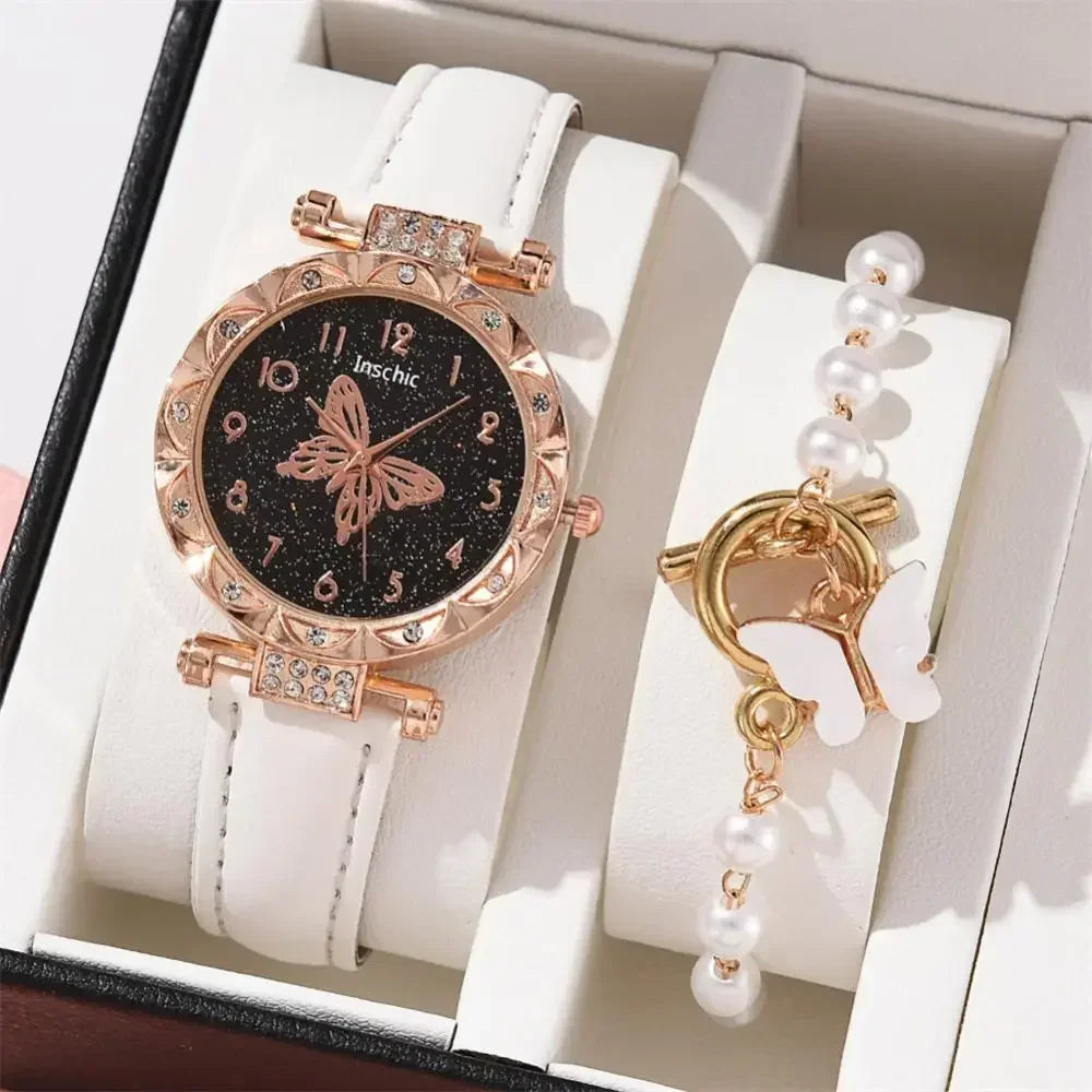 2PCS Set Creative Women Watch Quartz Butterfly Starry Wristwatches Luxury Rhinestone Watches for Ladies Relogios Feminino No Box