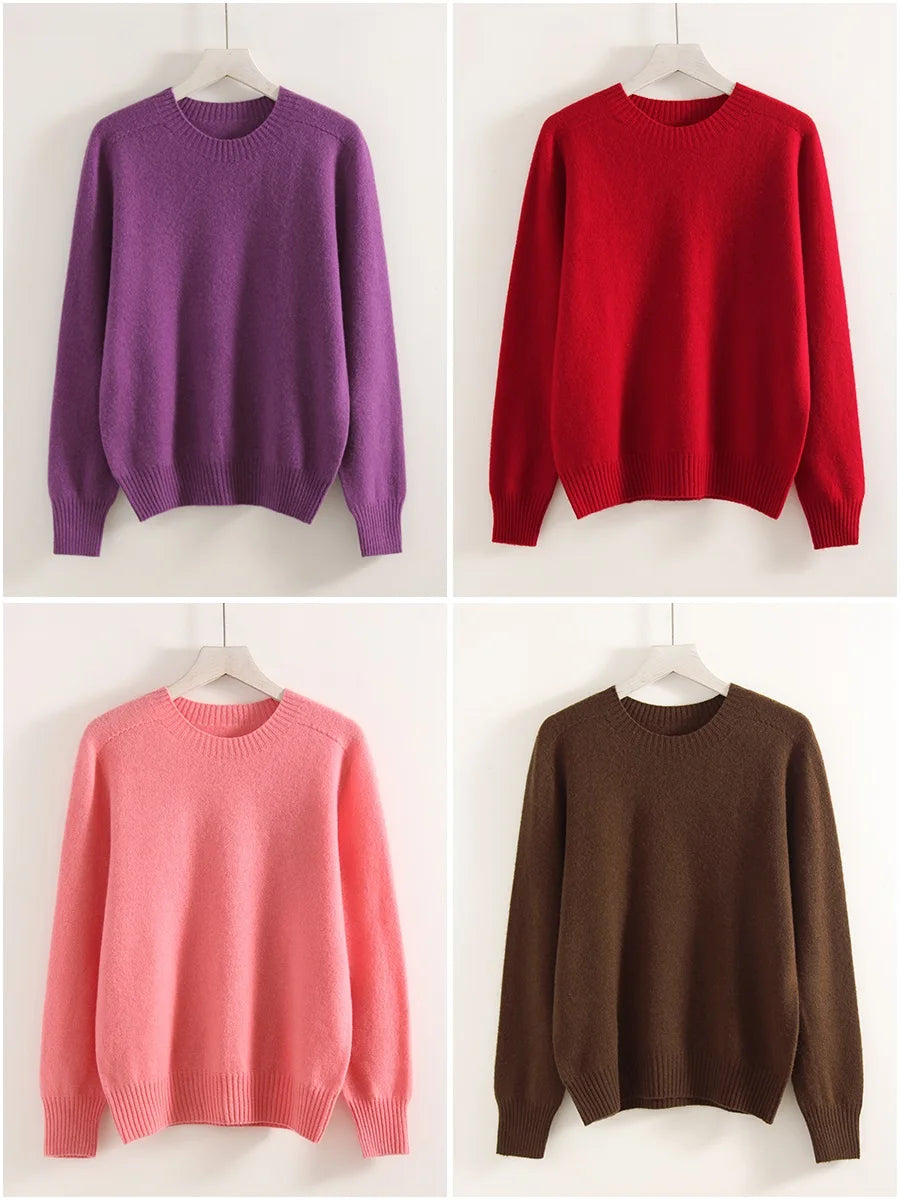 Women Cashmere Sweaters Burgundy O Neck Warm Knitted Brown Pullover Jumper Autumn Winter Wool Sweater Woman Purple Knit Top