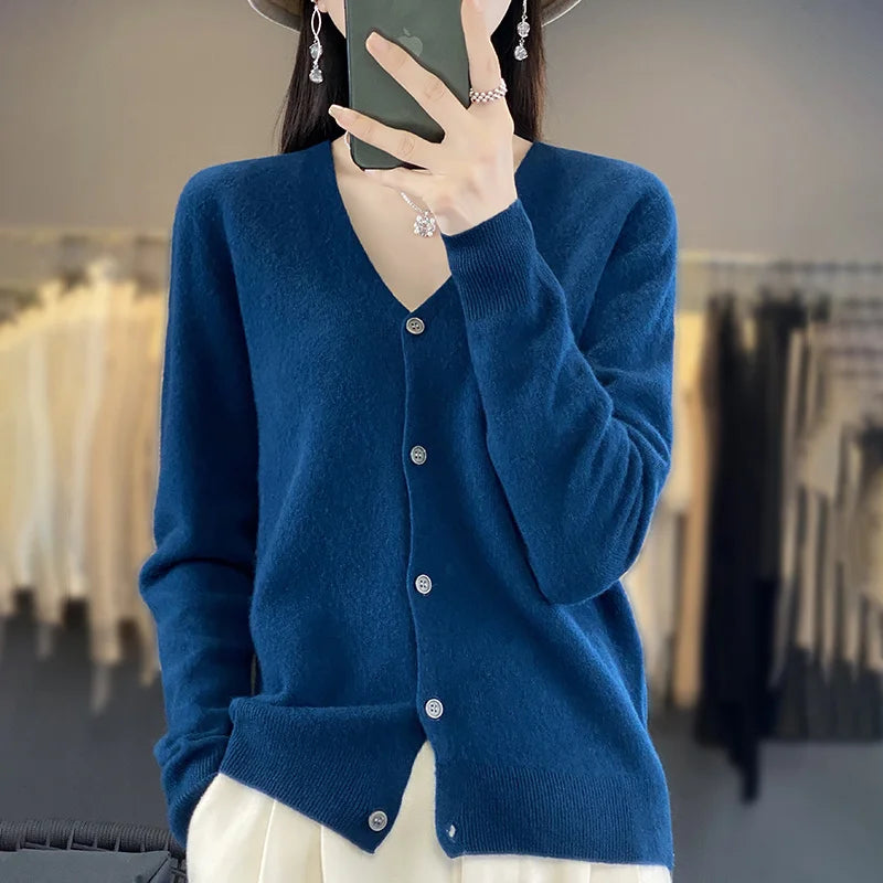 New Fashion Spring Autumn 100% Merino Wool Women's V-neck Cardigan Cashmere Sweater 2024 Female Knitwear Clothing Korean Tops