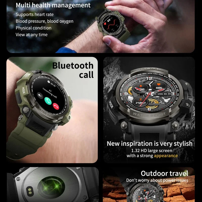 New Military Outdoor Sports Fitness Smart Watch For Men Bluetooth Call Fitness Tracker Health Monitoring Blood Oxygen Waterproof