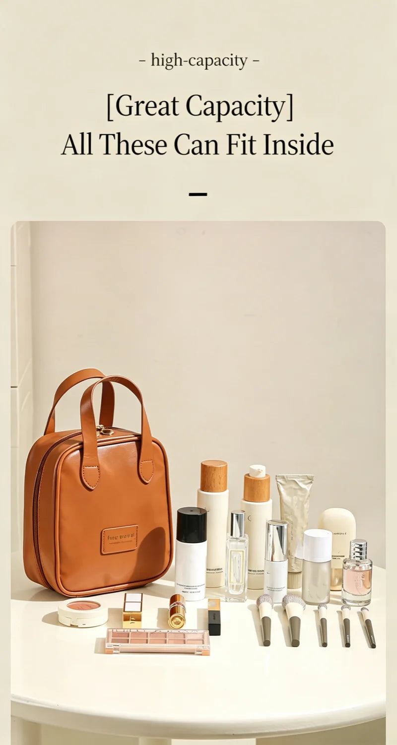 Cream Style PU Makeup Bag Portable Handheld Large Capacity Waterproof Cosmetic Organizer Bag Travel Women Beauty Storage Bag
