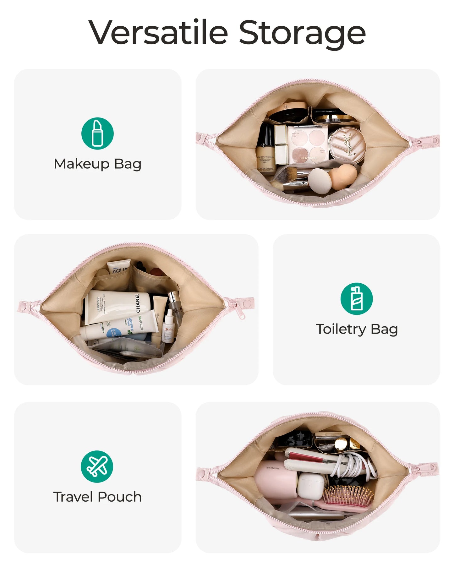 BAGSMART Makeup Bag Large Capacity Cosmetic Bags for Women Wide-open Make Up Pouch Travel Essentials Toiletries Accessories