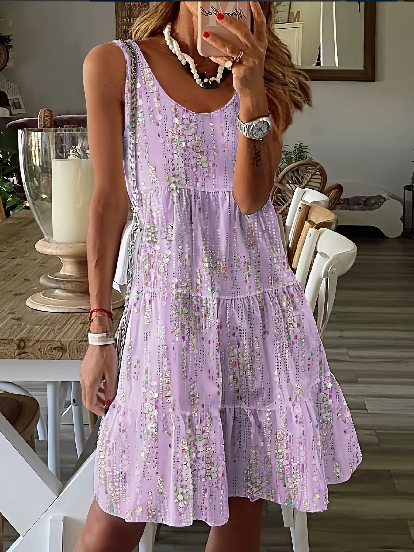 Spring and summer new casual fashion floral print loose round neck sleeveless mid-length dress