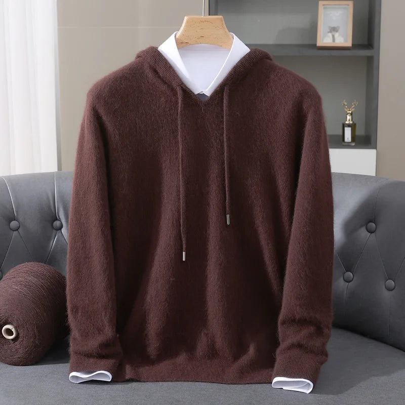 Men's Clothing: 100% Pure Mink Cashmere Knitted Sweater Casual And Loose Large-Sized Hooded Pullover Autumn Winter New Products