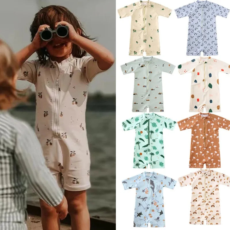 Brand Baby Boys Swimwears New Summer Kids Simple Floral Striped Pattern Toddler Learning 2024 Swimming Bathing Suits